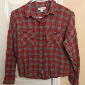 Red and gray button up long sleeve shirt